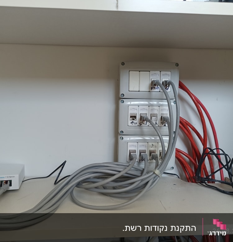 מתג רשת עם כבלים אפורים ואדומים מחוברים
